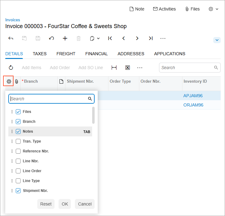 Contents of settings button on the Invoices screen of Acumatica