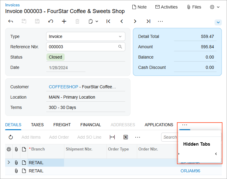 Option to hide and unhide specific tabs for Invoices screen on Acumatica