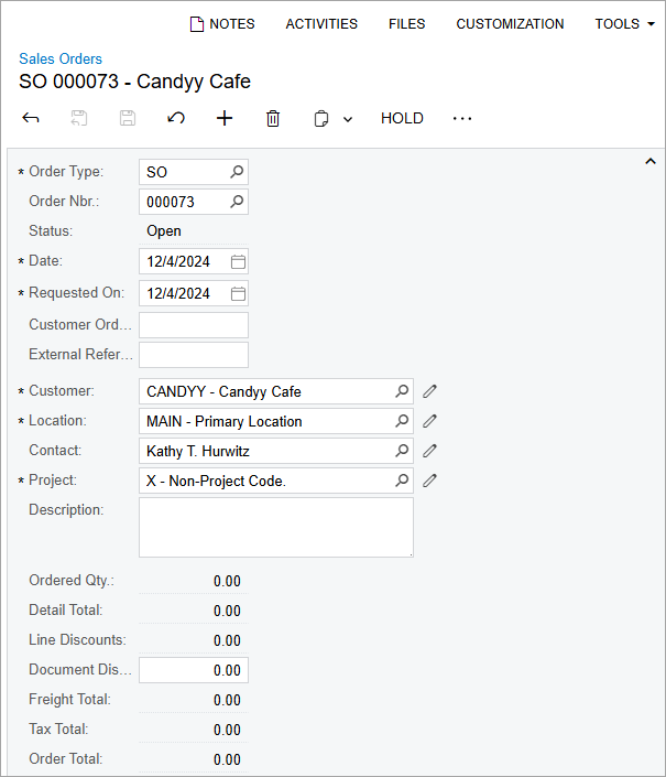 Classic UI of the Sales Order screen of Acumatica 