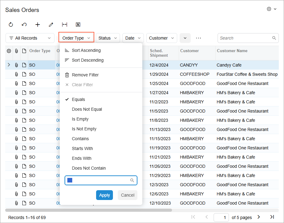 Modern UI Quick Filter dropdown menu of Sales order screen of Acumatica