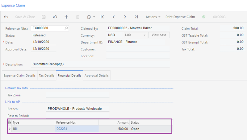 MYOB Expense Claim AP Bill Feature