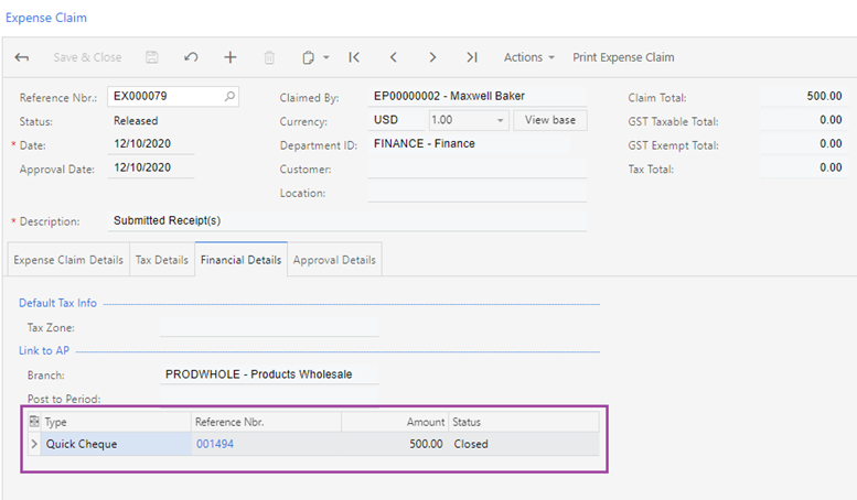 MYOB AP Quick Cheque Feature