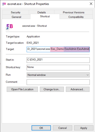 exonet Shortcut properties