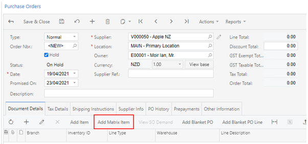 MYOB Matrix Items Purchase and Sales Orders