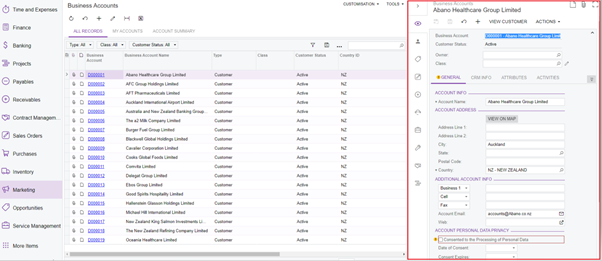 MYOB Advanced Side Panels Account Screen