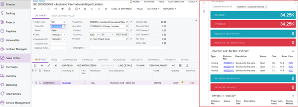 MYOB Advanced Side Panels Sales Order Screen