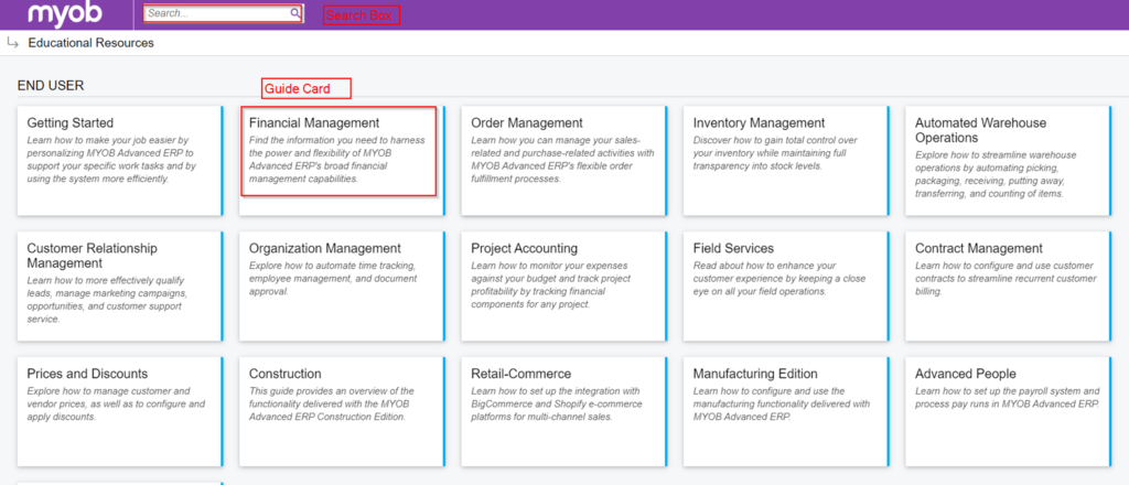 MYOB Advanced Help Dashboard Feature