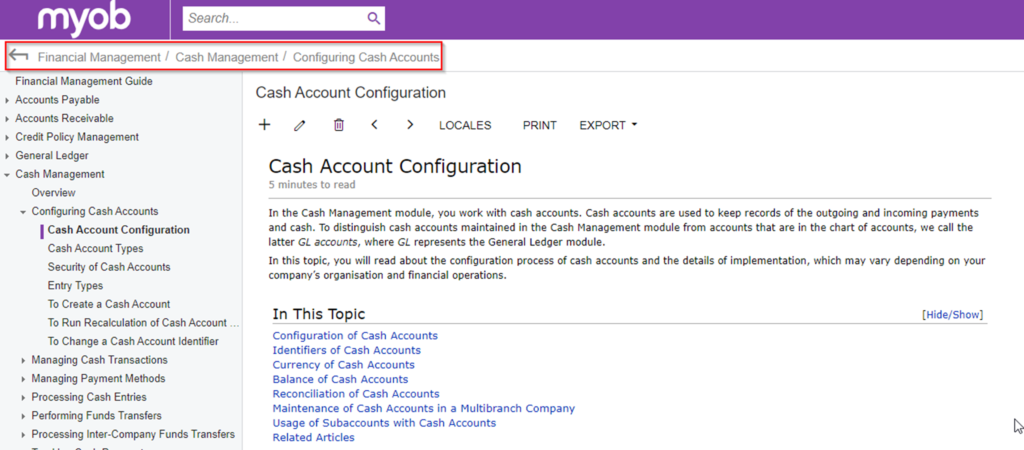 MYOB Advanced Navigate Help Dashboard