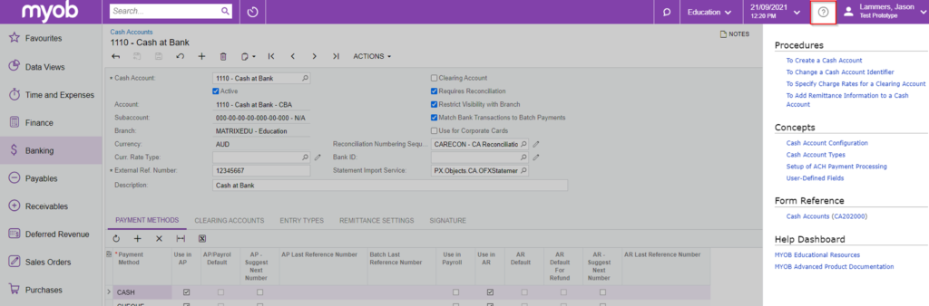 MYOB Advanced Form Specific Help Menu