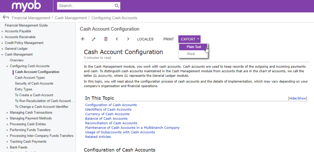 MYOB - Cash Account Configuration