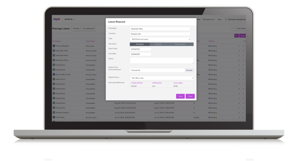 MYOB Advanced Workforce Management - managing leave 