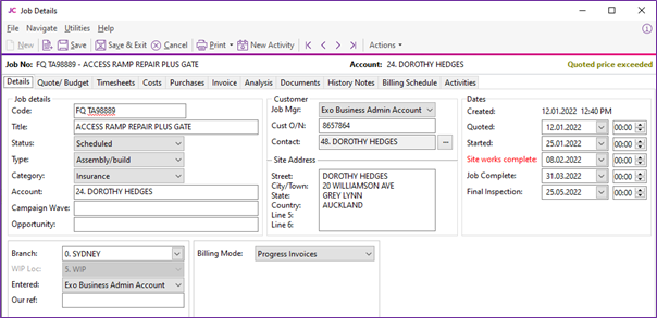 Job costing dashboard