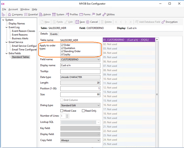 MYOB Extra Fields Sales Order by Type