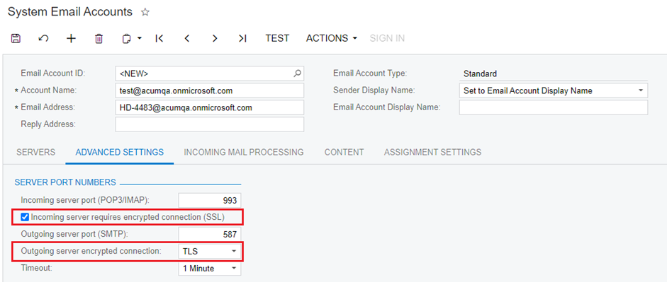 Acumatica System Email Accounts setup