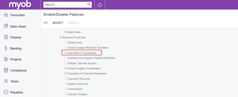 MYOB Enable-Disable Feature