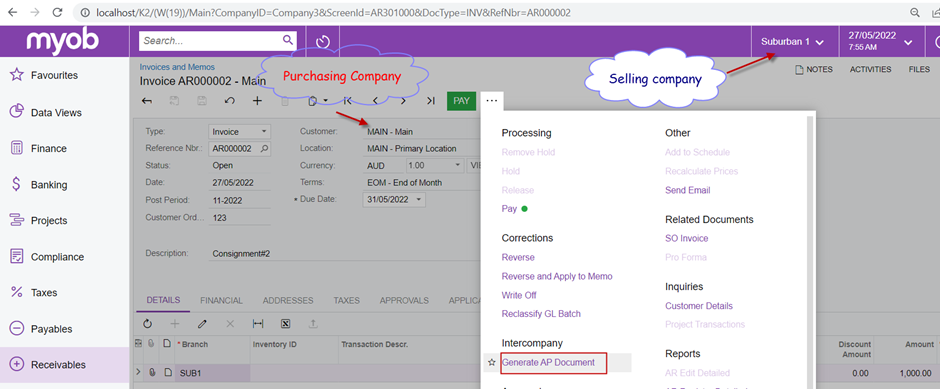 MYOB Intercompany Invoices and Memos