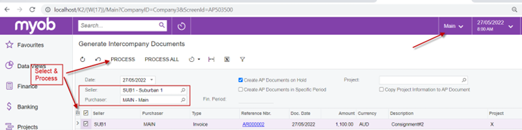 MYOB Generates Intercompany Documents