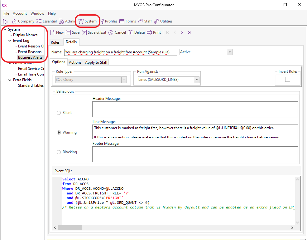 MYOB Exo Business Alerts Config Screenshot.